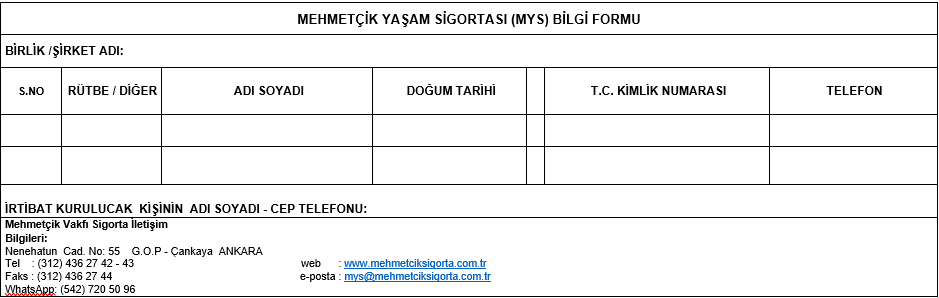 Mehmetçik Yaşam Sigorta Formu